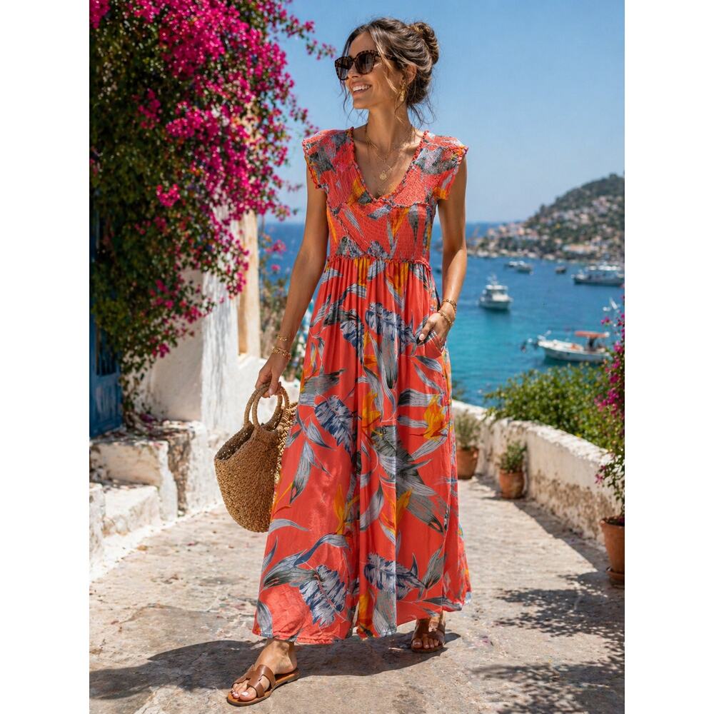 Patrons of Peace Boho Wide Leg Jumpsuit Coral Tropical Size Medium